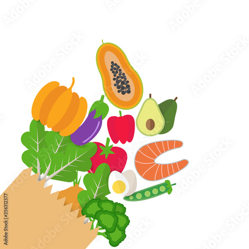 Vegetables and food falling out of tipped over paper bag. Top view of healthy food. Vector illustration.