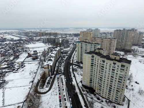 Modern residential area of Kiev at winter time (drone image)