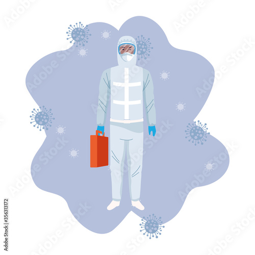 biosafety worker with biohazard suit and covid19 particles