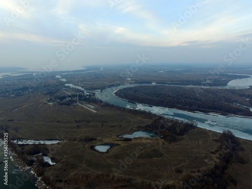 Aerial view of the countryside  drone image .Near river Desna.Winter time.Sunset. Near Kiev Ukraine