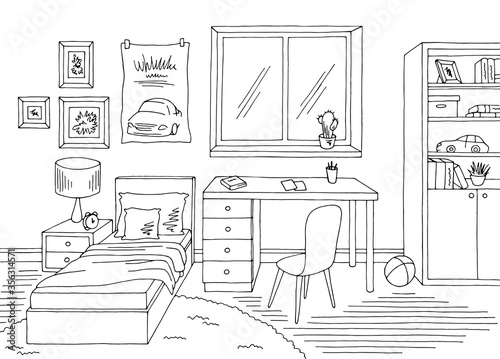 Children room graphic black white home interior sketch illustration vector