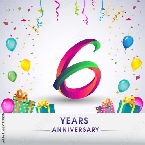 6th Anniversary Celebration Design, with gift box, balloons and confetti, Colorful Vector template elements for birthday celebration party.