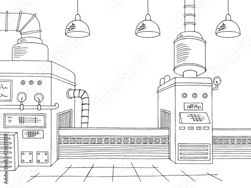 Factory interior graphic black white sketch illustration vector