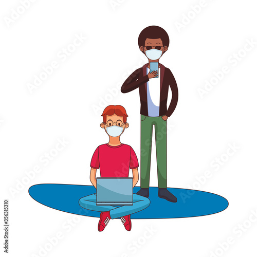 interracial men wearing medical masks using technology characters