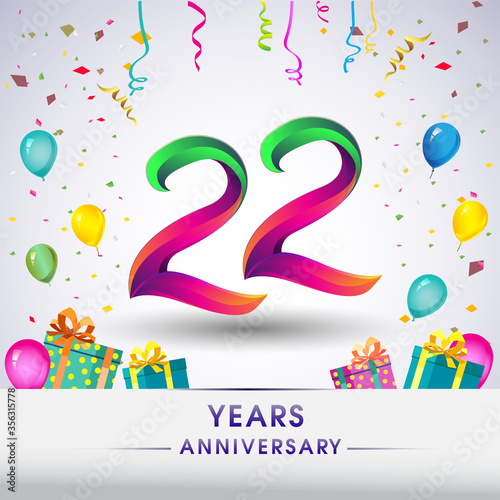 Photography 22nd Anniversary Celebration Design, with gift box, balloons and confetti, Colorful Vector template elements for birthday celebration party