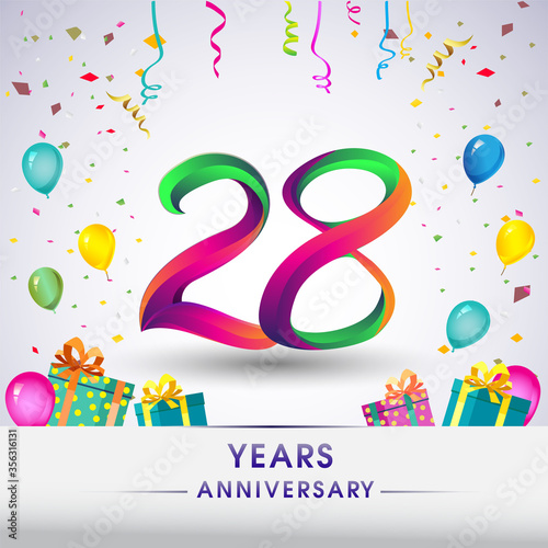28th Anniversary Celebration Design, with gift box, balloons and confetti, Colorful Vector template elements for birthday celebration party.