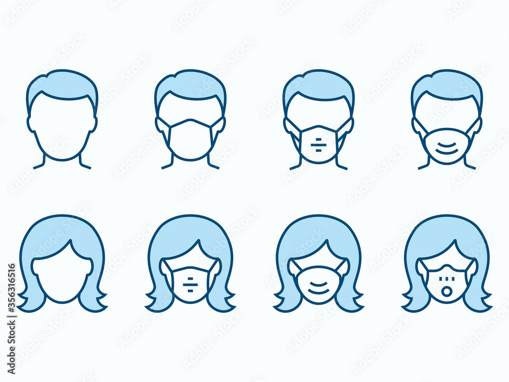 Man and Woman in medical mask flat line icon set. Vector illustration. Editable stroke. Man and Woman in medical mask flat line icon set. Vector illustration. Editable stroke.