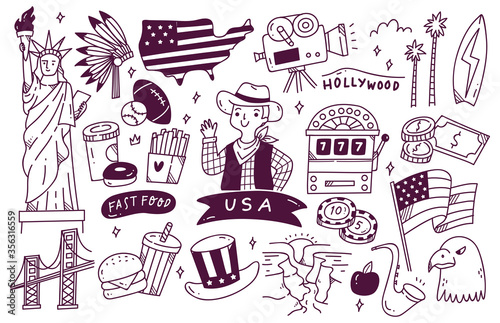 America Travel Destination Doodle Set Vector Illustration