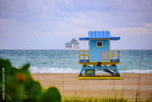 Panorama of Miami Beach, Florida. Miami Beach with lifeguard tower and coastline with colorful cloud and blue sky. © Volodymyr