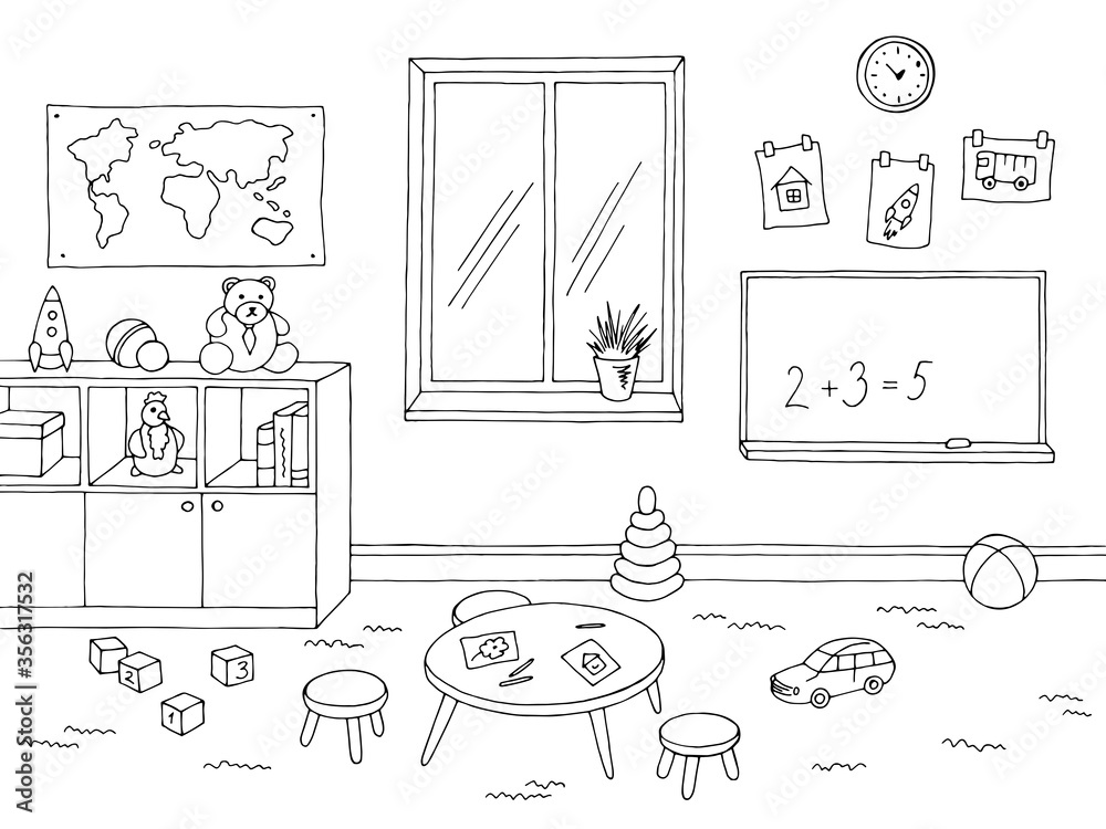 Preschool classroom graphic black white interior sketch illustration