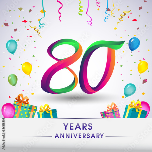 80th Anniversary Celebration Design, with gift box, balloons and confetti, Colorful Vector template elements for birthday celebration party.