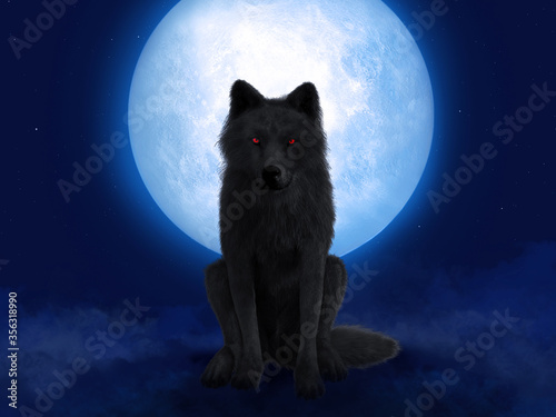 3D rendering of black wolf with red eyes in moonlight. photo