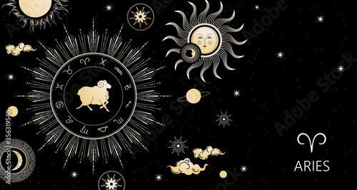 Zodiac background. Aries zodiac sign. Horizontal banner.