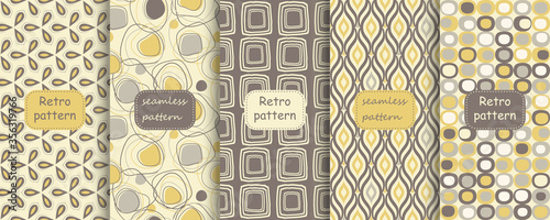 Set of Retro seamless patterns from the 50s and 60s. Seamless abstract Vintage background in sixties style. Abstract geometric and floral patterns. Vector
