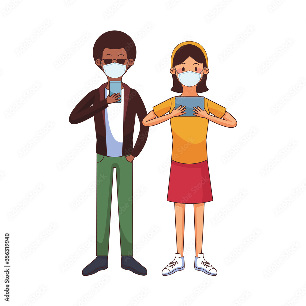 interracial couple wearing medical mask using technology characters interracial couple wearing medical mask using technology characters