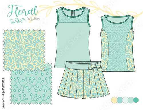 AS_Tween_Girl_Tanktop_Skirt_Outfit_Illustration_Eyelet_Pattern_Floral_Print_Turquoise_Background