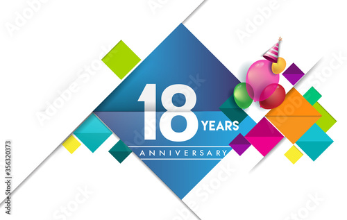 18th years anniversary logo, vector design birthday celebration with colorful geometric isolated on white background.