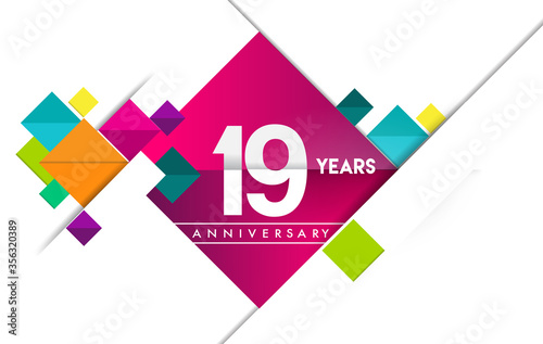 19th years anniversary logo, vector design birthday celebration with colorful geometric isolated on white background.