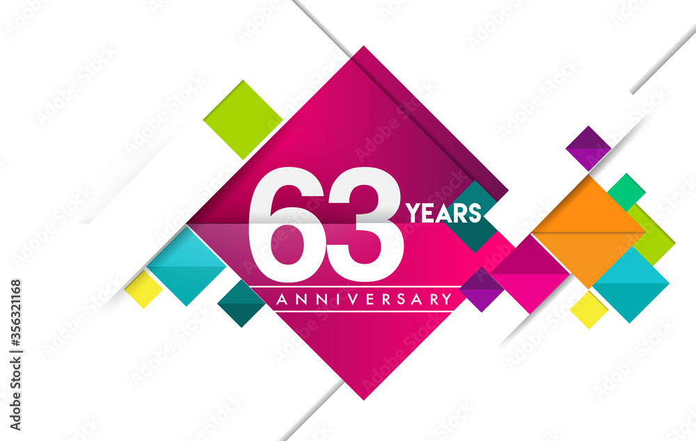 63rd years anniversary logo, vector design birthday celebration with colorful geometric isolated on white background.