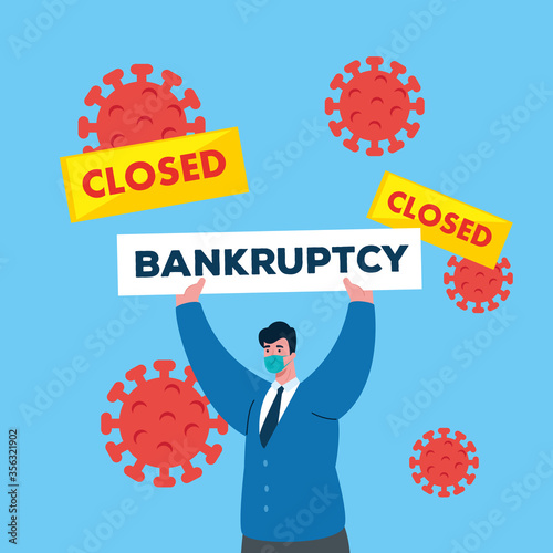 businessman with mask and banner design of close bankruptcy and covid 19 virus theme Vector illustration