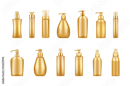 Set of gold luxury pump bottle mockups: serum, moisturizer, lotion, cream, sanitizer. Plastic package design. Cosmetic, hygiene, skincare template. Set of isolated 3d realistic vector illustrations