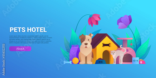 Pets hotel cartoon horizontal flyer design. Welcoming place for dogs and cats banner. Comfortable accommodation, playtime, exercise and healthy meals concept. Pet boarding service vector illustration