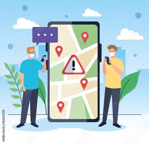 men with medical masks holding smartphone gps marks and bubble design of Covid 19 virus theme Vector illustration