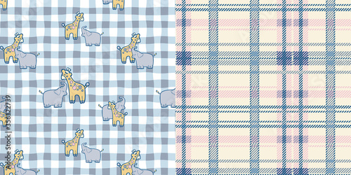 AS_Pattern_set_Gingham_Giraffe_Elephant_Cartoon_Allover_Print_Coordinated_Plaid_Pattern_Blue_Pink_Background