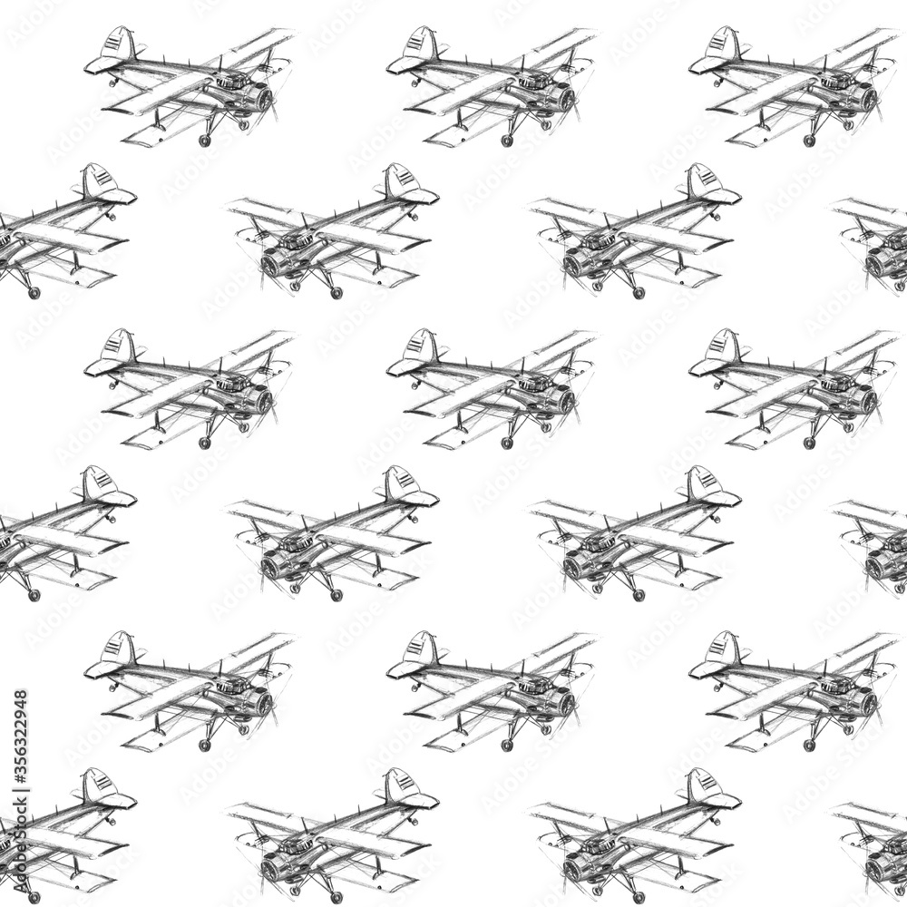 Seamless pattern with pencil drawn airplanes. Backgrounds and textures for boys, travel, business design, packaging, fabric, textiles, prints