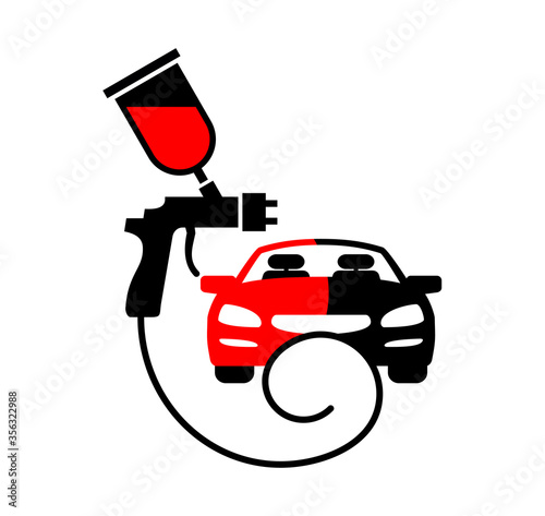 Car paint logo - automobile painting service emblem with car front and sprayer gun - vector sign