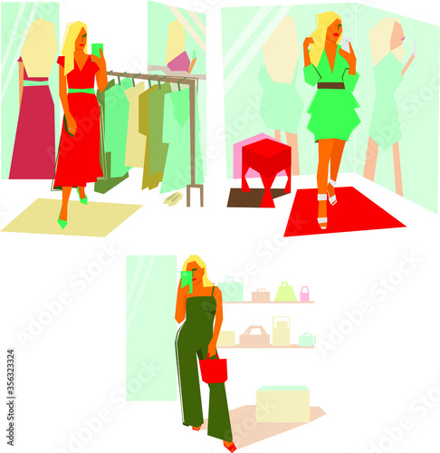 Girl makes selfie in new clothes in a fitting room - buying clothes