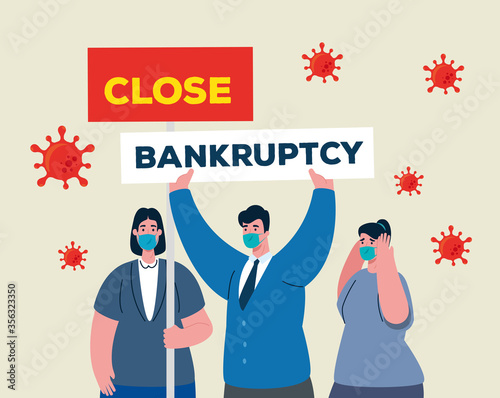 businesspeople with masks and banner design of close bankruptcy and covid 19 virus theme Vector illustration