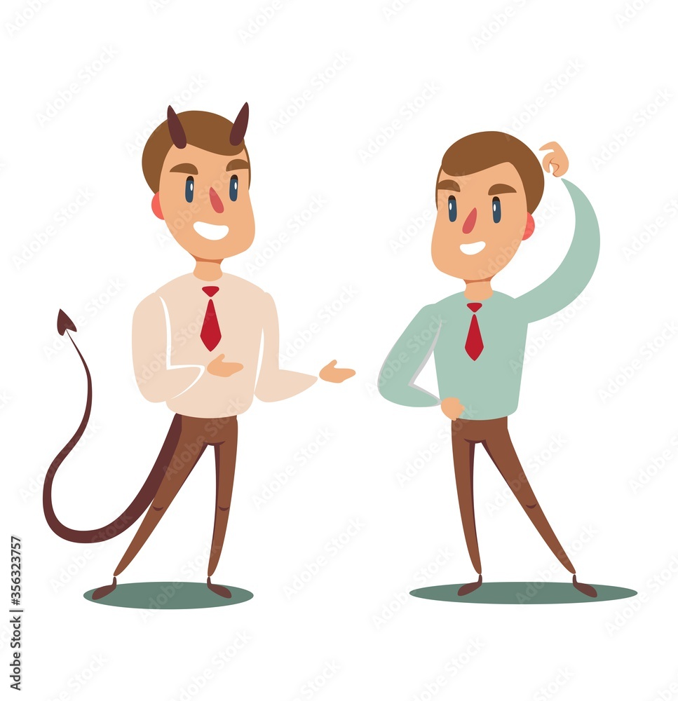 Obraz premium Business concept illustration of a businessman making a deal with devil. Vector flat design illustration.