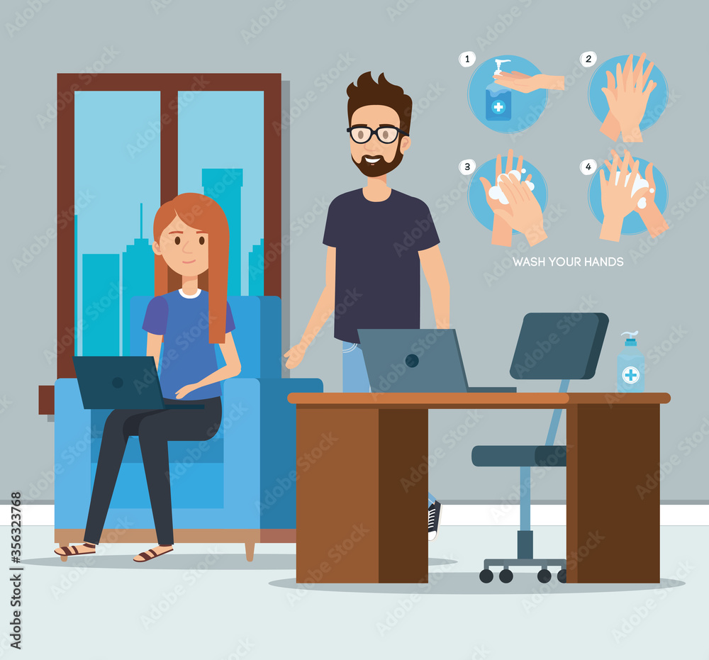 Businesspeople at office and hands sanitizer design, Disinfects clean antibacterial and hygiene theme Vector illustration