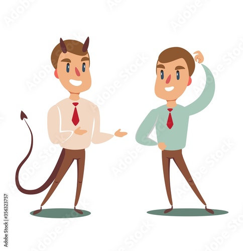 Business concept illustration of a businessman making a deal with devil. Vector flat design illustration.