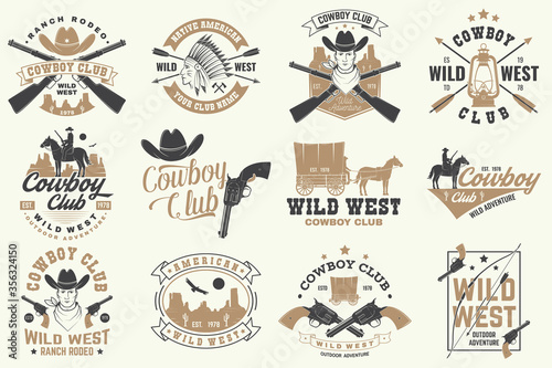 Cowboy club badge. Ranch rodeo. Vector. Concept for shirt, logo, print, stamp, tee with cowboy and shotgun. Vintage typography design with wild west and western rifle silhouette.
