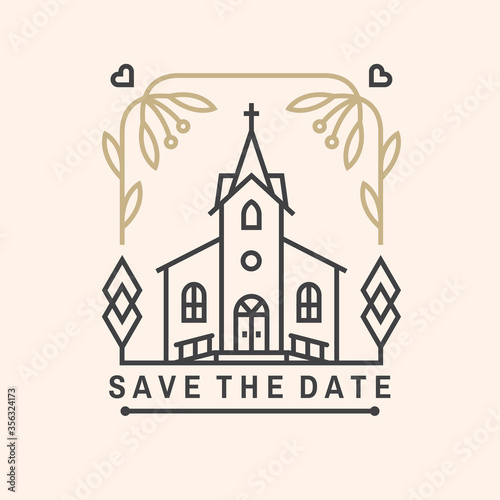 Wedding invitation card template. Vector. Thin line geometric badge. Outline icon for save the date invitation card design. Modern minimalist design with wedding church and leaf decor