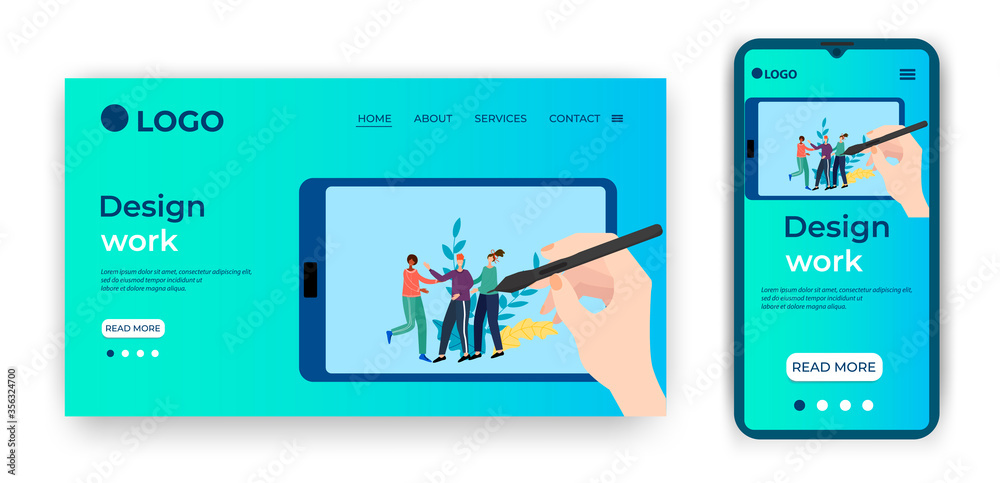Design work.The designer draws on a tablet..Template for the user interface of the website's home page.Landing page template.The adaptive design of the smartphone.vector illustration.