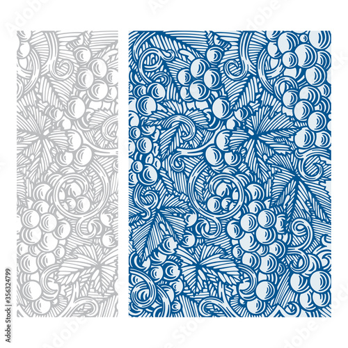 Grape and vine hand drawn different vector illustrations. Vineyard engraving style various backgrounds. Part of set.