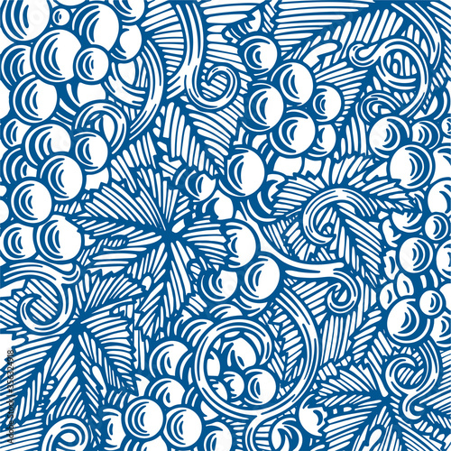 Grape and vine hand drawn vector illustration. Vineyard engraving style background. Part of set.