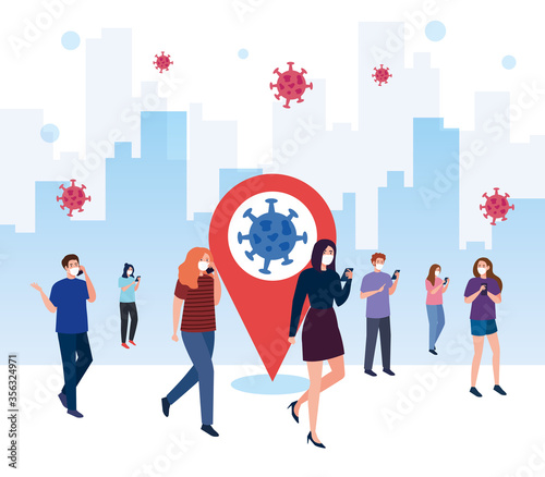 people wearing medical mask communicating by smartphones, covid 19, social media coronavirus concept vector illustration design