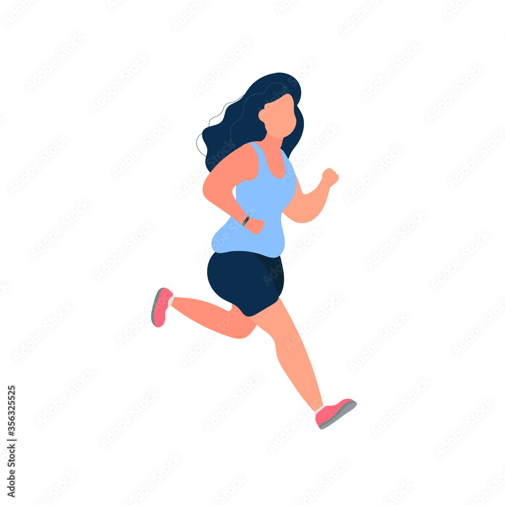 Fat girl is running. Fat woman is running. The concept of sports, healthy lifestyle and weight loss. Isolated. Vector.