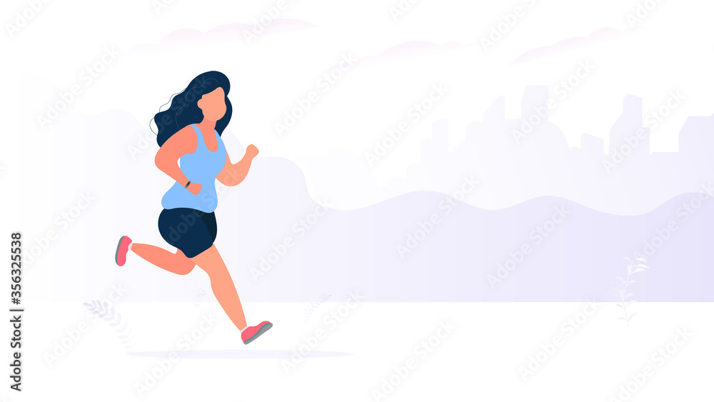 Fat girl runs a banner. Running fat woman on the street. The concept of weight loss and a healthy lifestyle. Vector.