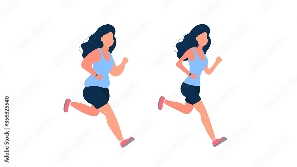 Set of running women. Fat girl is running. The concept of weight loss and a healthy lifestyle. Isolated. Vector