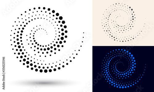 Halftone spiral as icon or background. Black abstract vector as frame with hexagons for logo or emblem. Circle border isolated on the white background for your design.