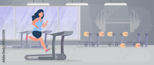 Fat girl runs on a treadmill in the gym. Running fat woman in the gym. The concept of weight loss and a healthy lifestyle. Vector