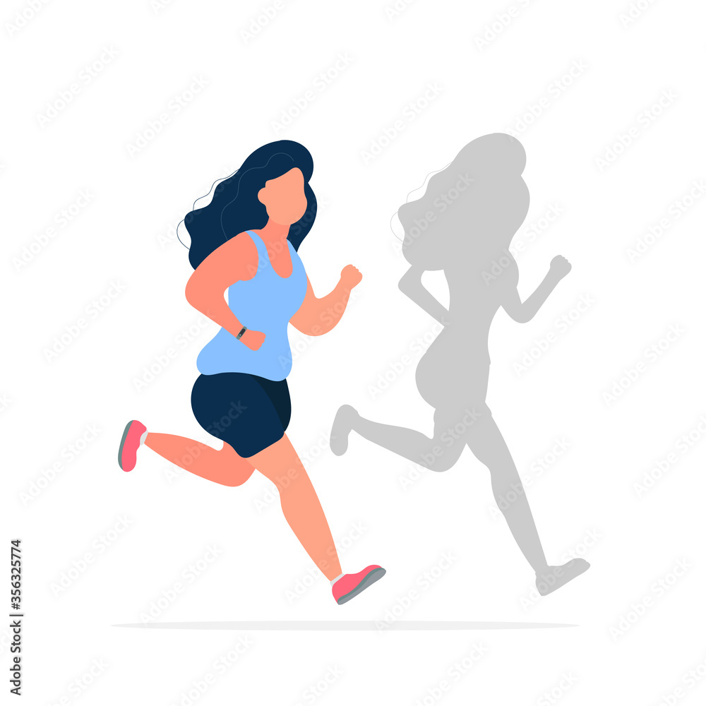 Fat girl is running. The shadow of a thin girl. Cardio workout, weight loss. The concept of weight loss and a healthy lifestyle. Vector.