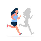 Fat girl is running. The shadow of a thin girl. Cardio workout, weight loss. The concept of weight loss and a healthy lifestyle. Vector.