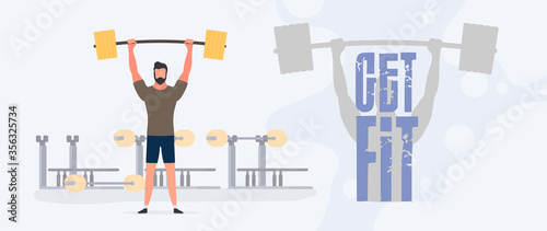 Get Fit Banner. The guy raises the 
barbell. A man holds a dumbbell. Workout, weight loss. The concept of losing weight and a healthy lifestyle. Vector.