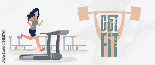 Get Fit Banner. Girl runs on a treadmill. A woman runs on a simulator. Cardio workout, weight loss. The concept of losing weight and a healthy lifestyle. Vector.